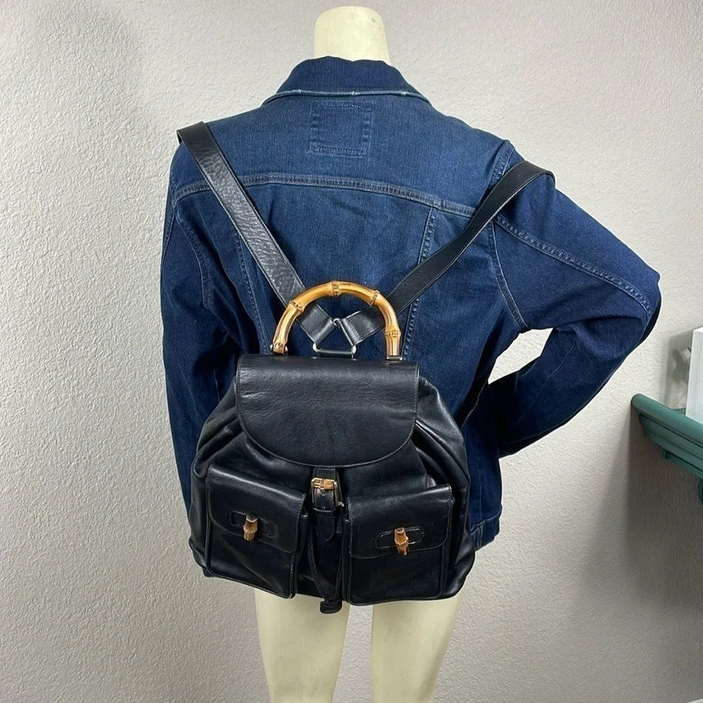 Gucci Leather Bamboo Backpack Black Designer Luxury Rucksack Twin Pocket